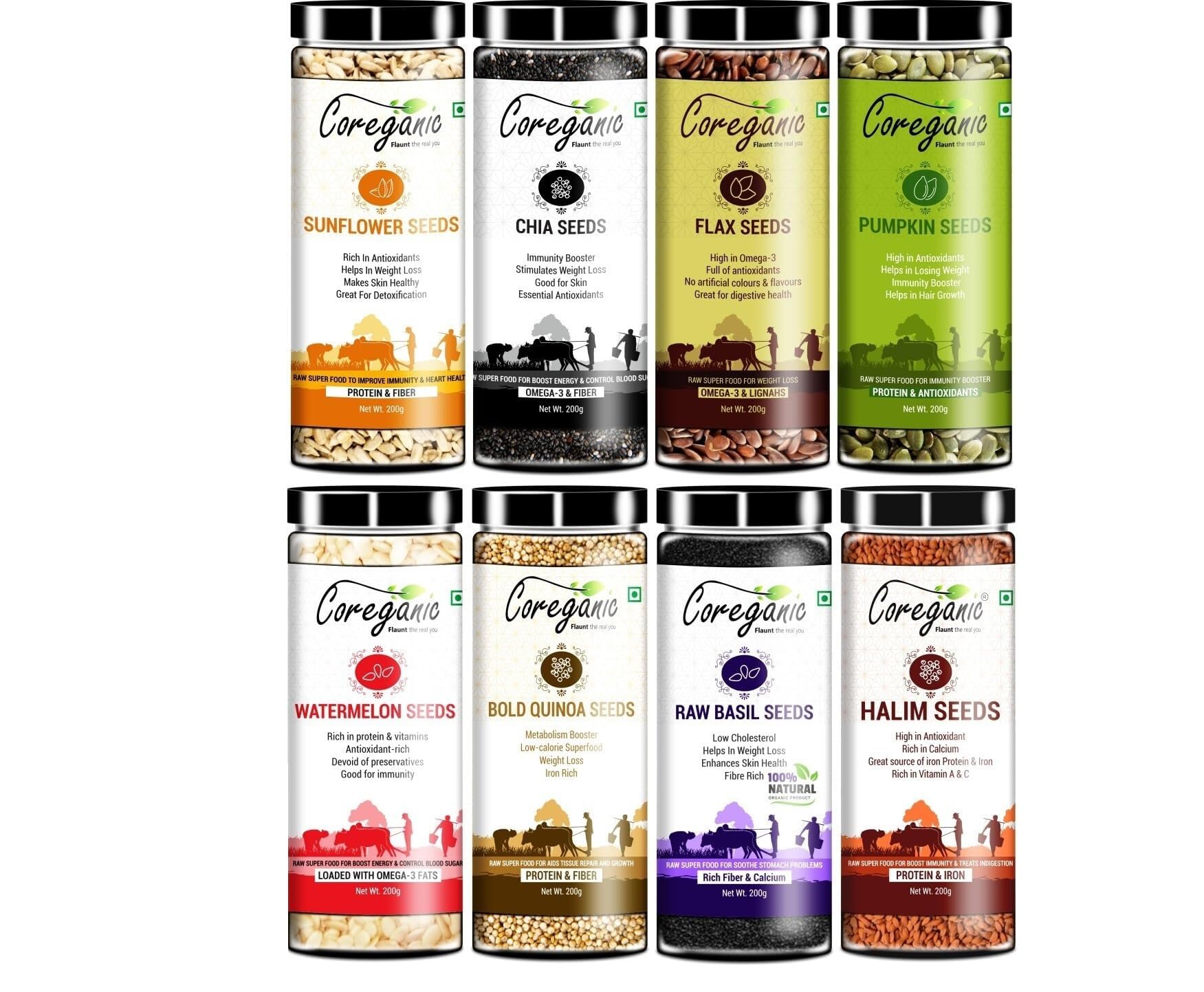 Coreganic Raw Edible Seeds Family pack (Flax,Chia,Pumpkin,Sunflower,Basil,Watermelon,Quinoa Seeds & Halim Seed),200g [Pack of 8]-image-45