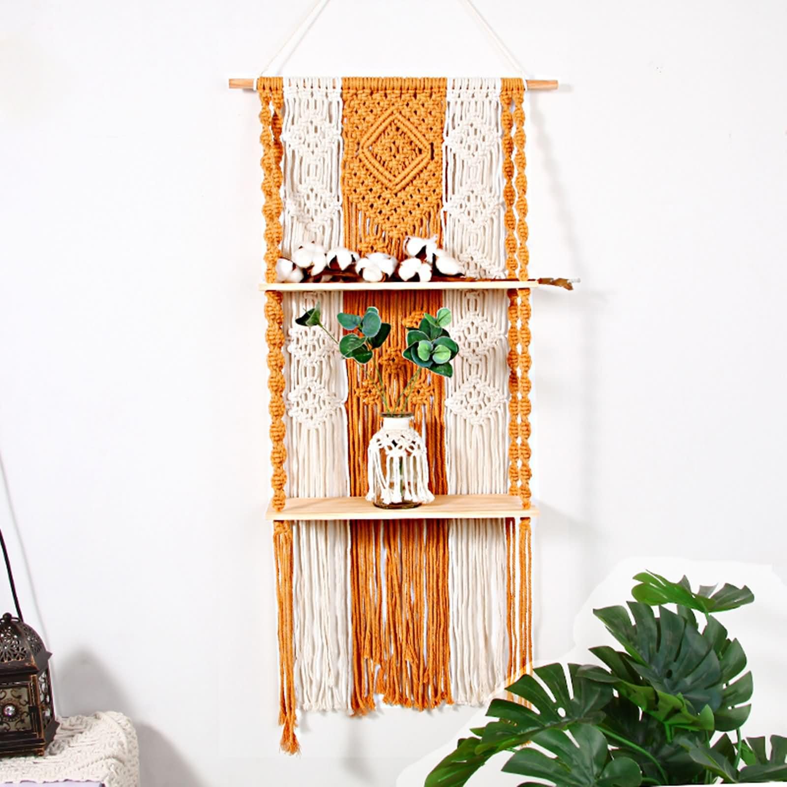 Homxi Tapiz de Macrame para Colgar 44x70cm,Tapiz Macrame con Estante Madera con Borlas Tejidas Tapiz Tejido Pared Marrón