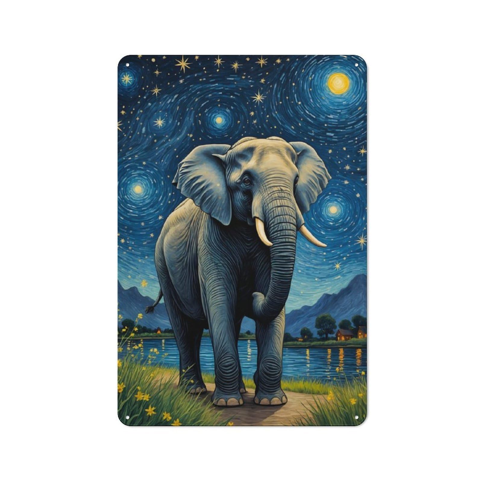 Industrial Tin Wall Sign 30x20cm Featuring Elephant Starry Night, Urban Room Decor for Workspace, Cafe, Hallway Or Garage