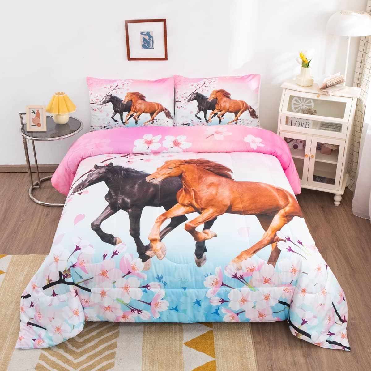 Feelyou Girls Horse Bedding Set Toddler Size Galloping Horses Comforter Set for Kids Teens Cherry Blossom Comforter 3D Wild Animal Duvet Set Farmhouse Bedroom Decor Quilt Set 2Pcs