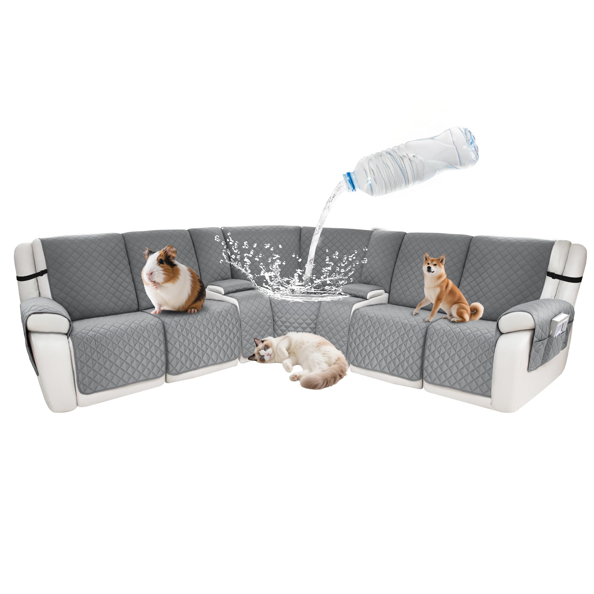 Waterproof Sectional Reclining Couch Covers L Shaped Recliner Sectional Sofa Cover 9 Piece Non Slip Washable Corner Recliner Slipcover Set for Pet Dog (5 Seater 2 Console Cover, Silver Gray)