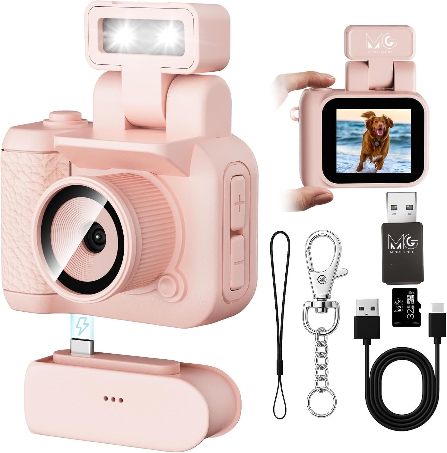 MENTAL GENTLE mini Camera Keychain for HD 1080p Nostalgic Retro Photos, Video Effects vlogging, Real with 1.4 in LCD Screen | 32 gb sd Card Portable Camera for Travel Study Recording (Pink)