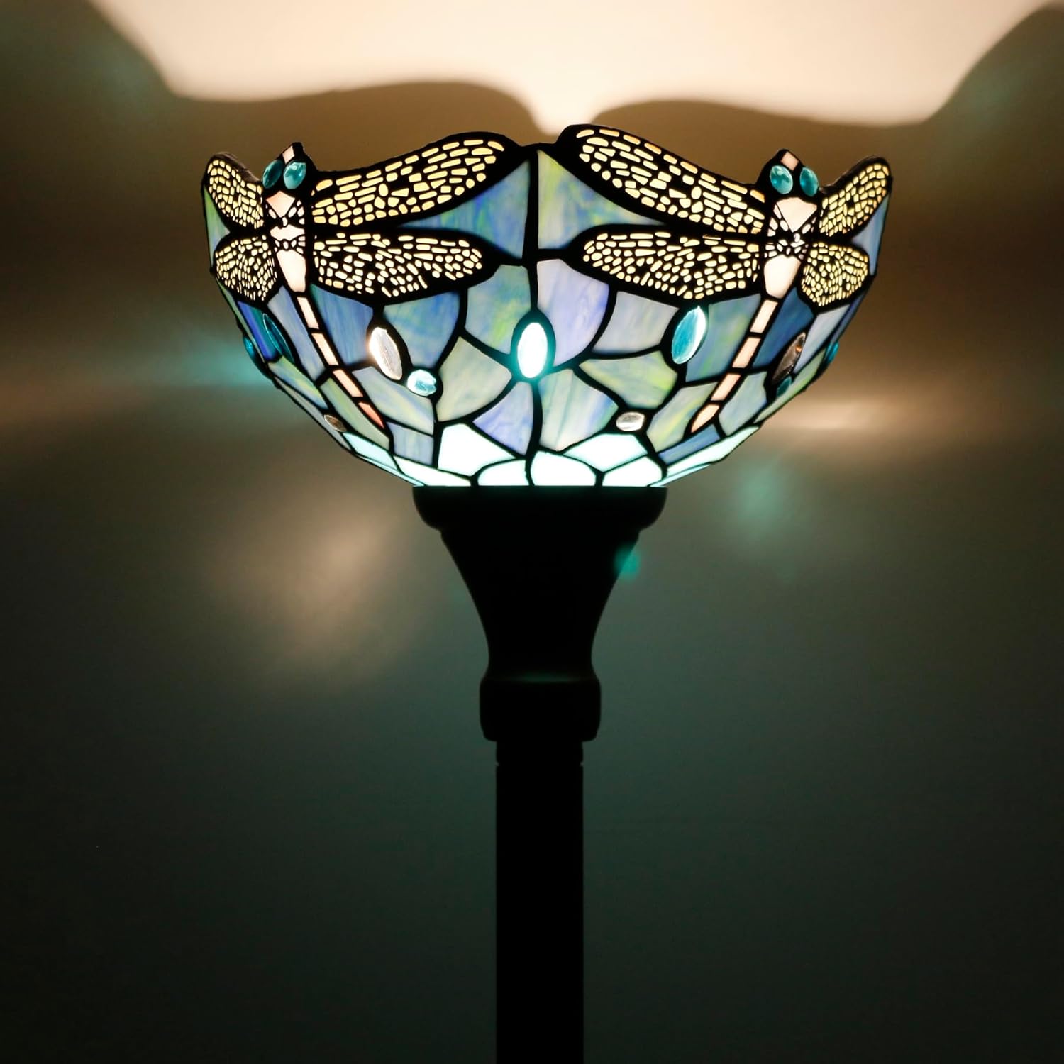 Tiffany Torchiere Floor Lamp Stained Glass Standing Corner Torch Uplight 10X10X72 Inch for Bedroom Living Room Home Office (Blue Dragonfly)