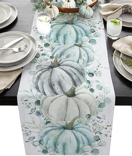 Camino de mesa rústico de arpillera de lino de 90 pulgadas de largo, otoño, Acción de Gracias, rústico, calabazas azules y blancas, camino de mesa