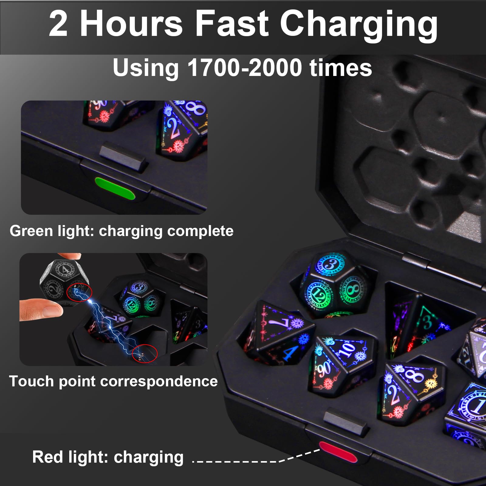 ORUZA Light up Dice Set, 7 PCS Rechargeable LED DND Dice with Charging Box - Image 3