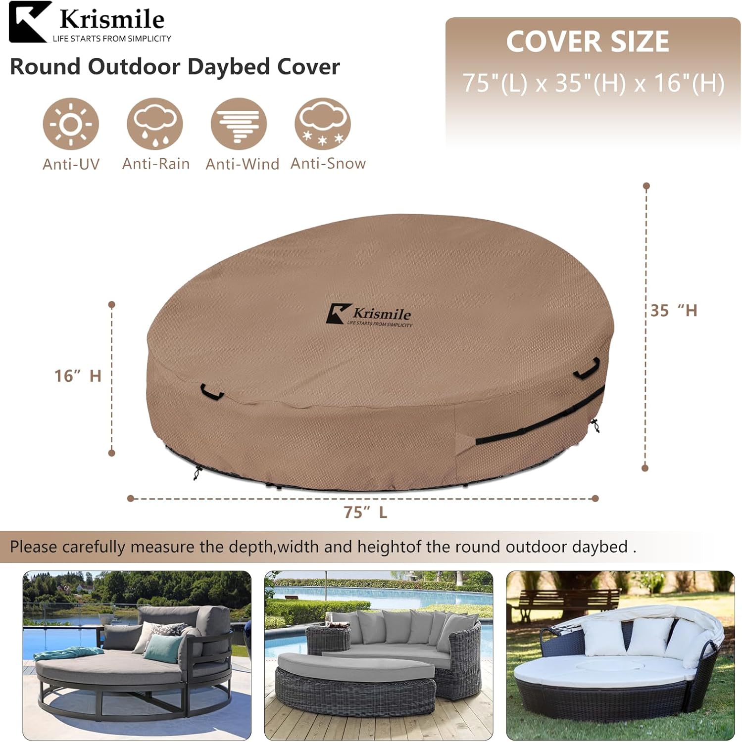 Heavy Duty 600D Waterproof Outdoor Daybed Cover for 75" Round Patio Sofa - UV-Resistant All-Weather Protection Furniture Cover with Air Vent, Fits 75" Dia x 35"/16" H (Brown)