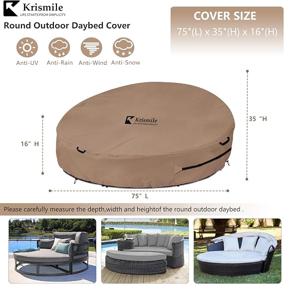 Heavy Duty 600D Waterproof Outdoor Daybed Cover for 75 Round Patio Sofa - UV-Resistant All-Weather Protection Furniture Cover with Air Vent, Fits 75 Dia x 35/16 H (Brown)