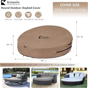 Heavy Duty 600D Waterproof Outdoor Daybed Cover for 75 Round Patio Sofa - UV-Resistant All-Weather Protection Furniture Cover with Air Vent, Fits 75 Dia x 35/16 H (Brown)