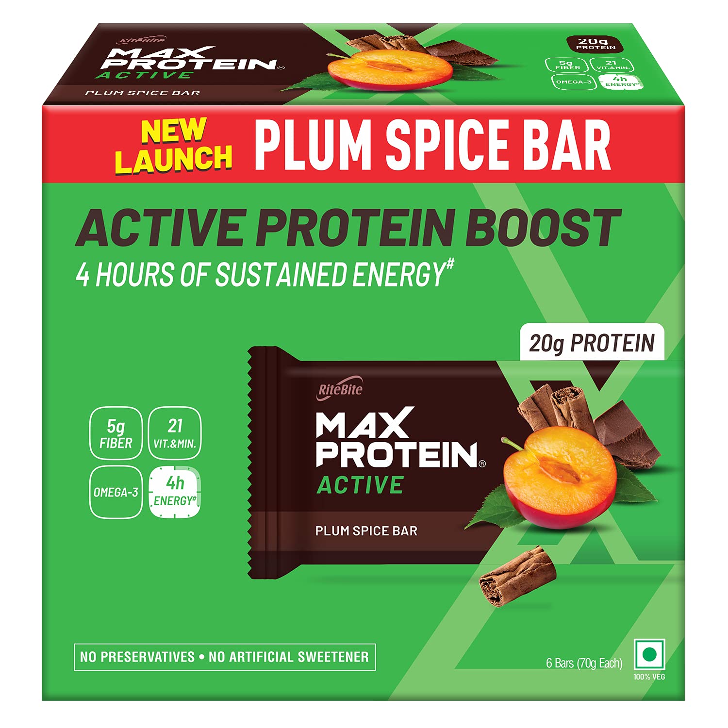 RiteBite Max Protein Active Plum Spice Bar 20g Protein Bar [Pack of 6] Protein Blend, Fiber, Vitamins & Minerals , No Preservatives, 100% Veg, For Energy, Fitness & Immunity - 420g