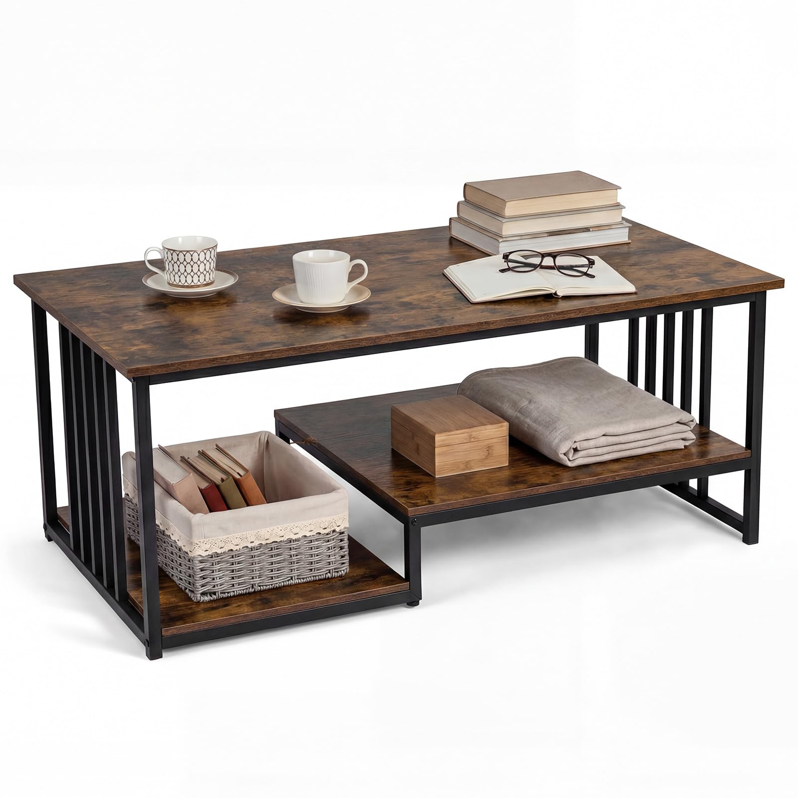 COSTWAY Table Basse Marbre, Table Basse Salon Rectangulaire avec 2 Étagères, Cadre en Métal Noir, Effet Marbre Gris, pour Salon, Maison, 110 x 60 x 45 cm (Marron Rustique)
