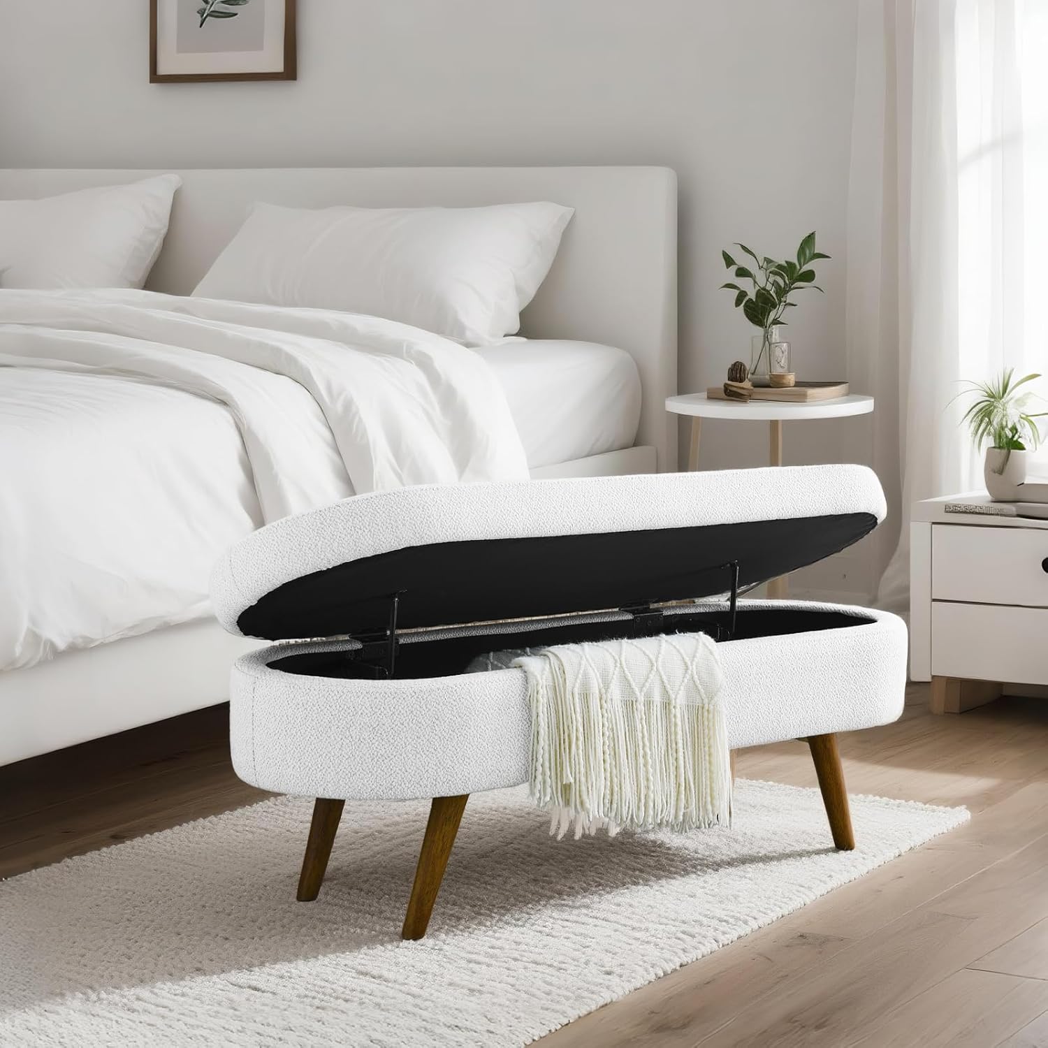 SoarFlash Ottoman Oval Storage Bench Linen Fabric Rubber Wood Legs（White）