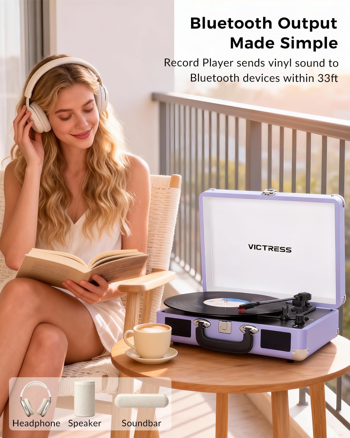 Suitcase Record Player, Portable Vinyl Record Player Bluetooth with Stereo Speakers, 3-Speed Turntable, USB to Digital Recording, RCA/AUX/Headphone Jack, Retro Gift Vinyl Player, Soft Purple