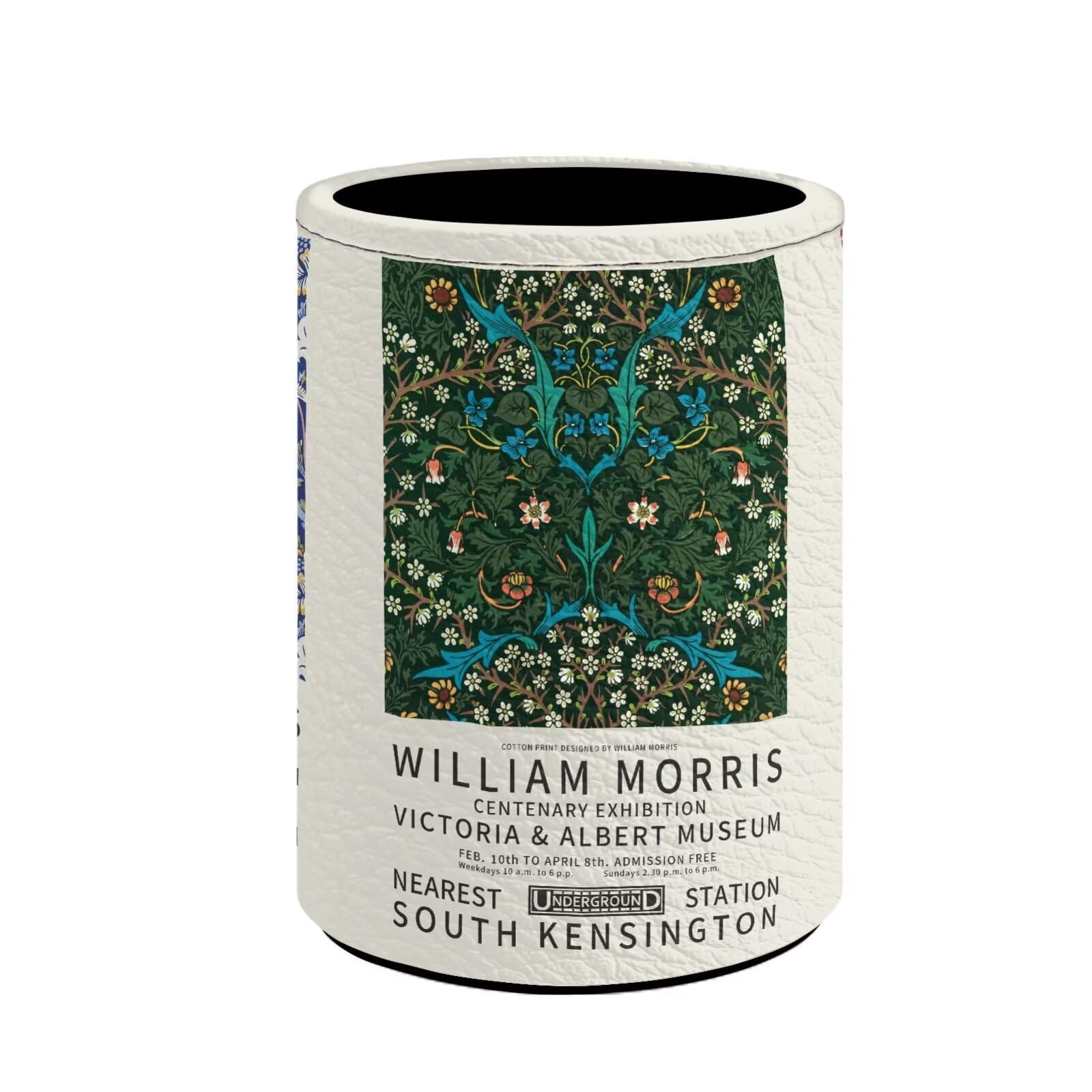 Buxolandt William Morris Flower Print Pen Holder for Desk, Round Pencil Holder for Desk, Storage for Pen and Makeup Brush Cosmetic, PU Leather Organizer Home Office Supplies