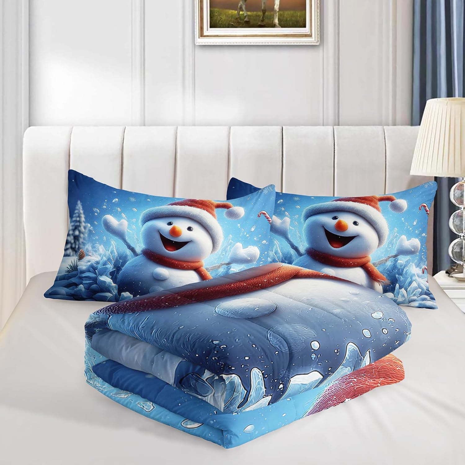 QOOMO Cute Snowman Kids Twin Comforter Set 3Pcs Winter Christmas Bedding Set for Girls Boys Xmas Ice Snowflakes Printed Comforter with 2 Pillowcases Lightweight Microfiber for All Seasons