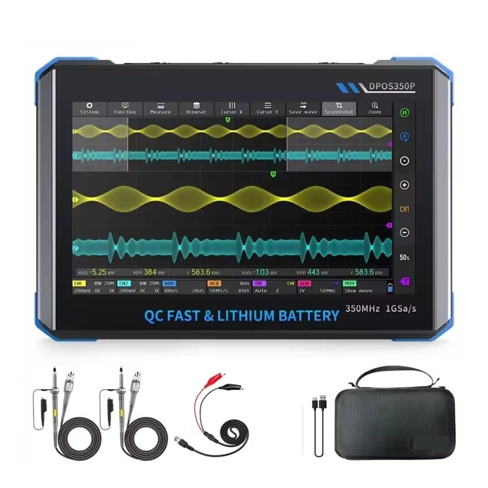 Oscilloscopio Digitale Oscilloscopio Professionale for Tablet 4 in 1, generatore di Segnale a 2 canali da 350 MHz e fra