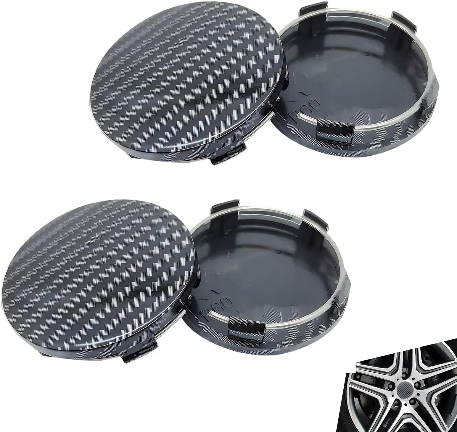 4 PCS Wheel Center Caps, OD 2.36" ID 2.2" Snap-in Plastic Wheel Center Hub Cap Cover, Carbon Fiber Vehicle Rim Hub Caps Modification Decoration, Anti-Falling Fastening Accessories for Cars