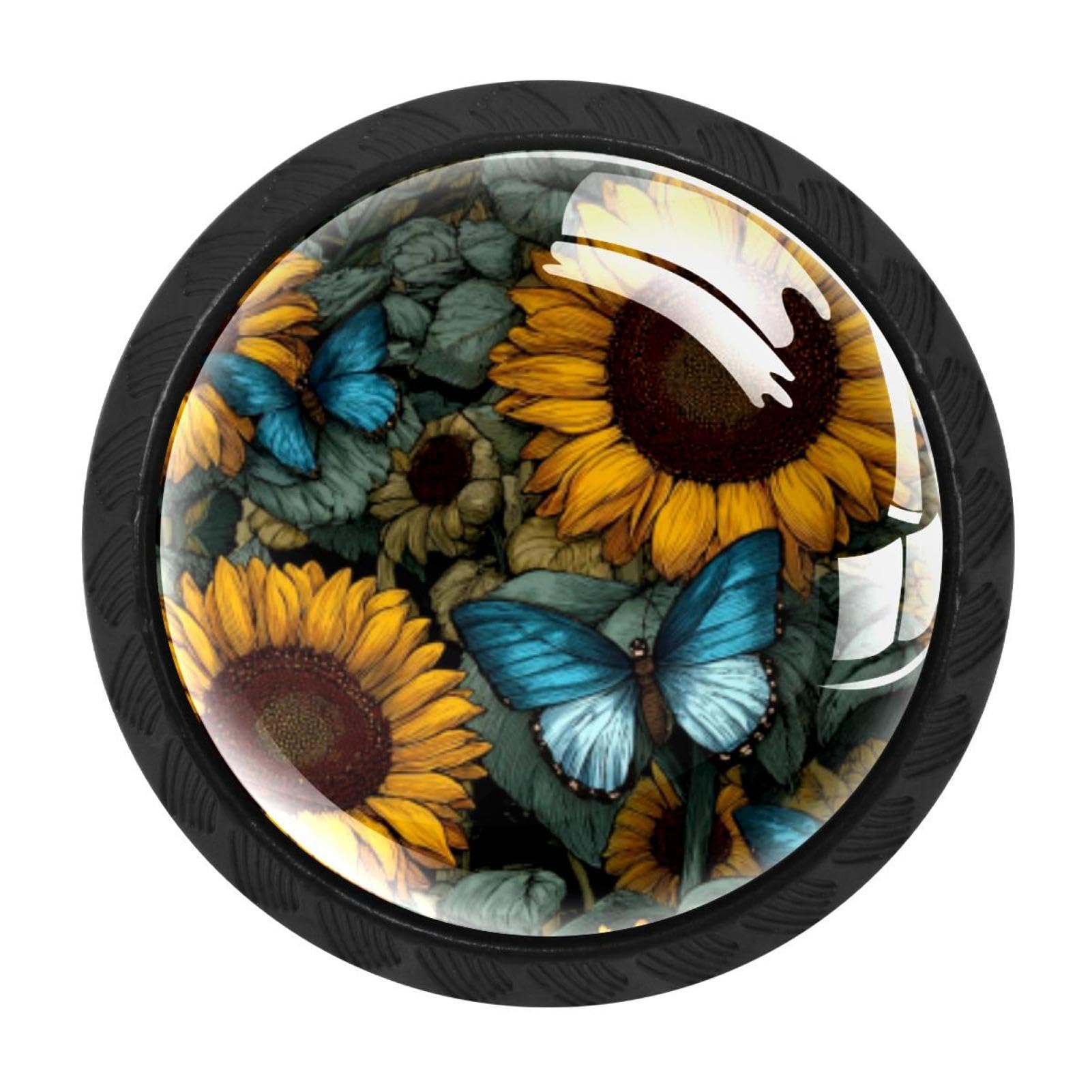 CHENZZZZ 4 Pack Sunflower Blue Butterflies (4) Dresser Drawer Cabinet Knobs Round Crystal Glass Knobs Pulls Handles for Kitchen Wardrobe Cupboard Door Hardware