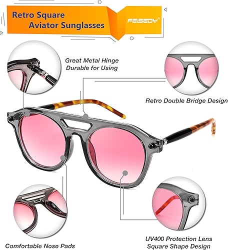 Miniatura 4 de FEISEDY Gafas de sol estilo aviador cuadradas retro para mujer y hombre, estilo vintage de los años 70, marco con estilo UV400, B0051