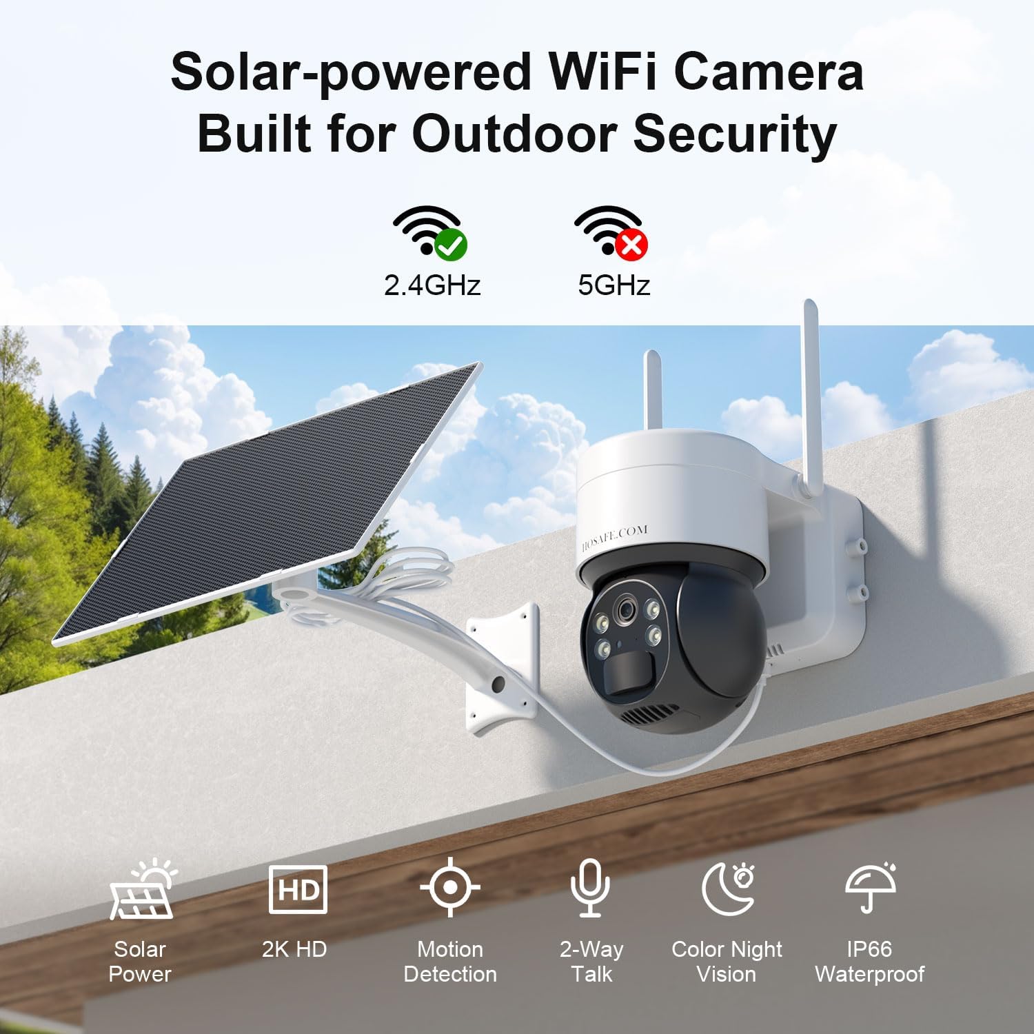 HOSAFE.COM Solar Security Cameras Wireless Outdoor, WiFi Cameras for Home Security, Outdoor Camera with 360° View, 2K Color Night Vision, AI Motion Detection, 2-Way Audio, SD/Cloud Storage (2 Pack)