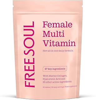 Women's Multivitamins & Minerals with Marine Collagen & Hyaluronic Acid | 27 Essential Vitamins, Minerals, & Botanicals | Gluten-Free & No Synthetic Fillers or Binders | 60 Tablets | Free Soul