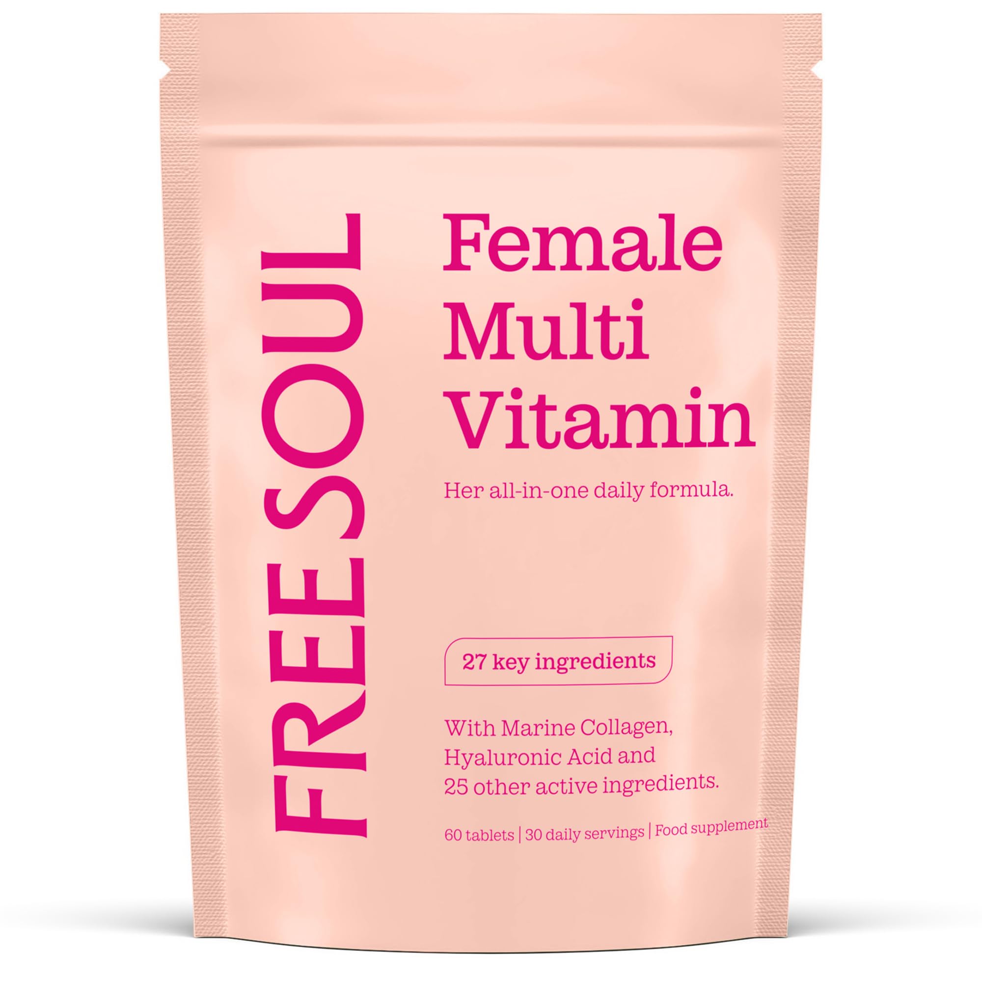 Women's Multivitamins & Minerals with Marine Collagen & Hyaluronic Acid | 27 Essential Vitamins, Minerals, & Botanicals | Gluten-Free & No Synthetic Fillers or Binders | 60 Tablets | Free Soul