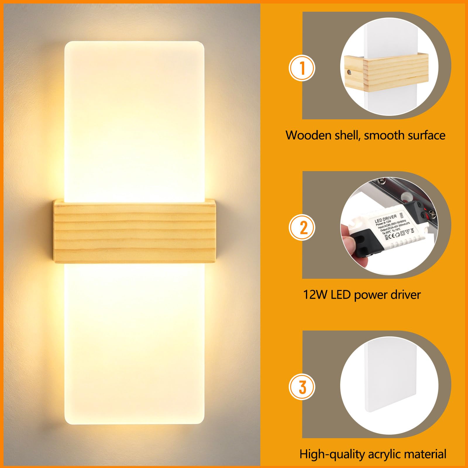 2 pièces Applique Murale Intérieure Bois 3000K Blanc Chaud 12W Lampe Murale Chambre LED Moderne en Acrylique Applique Murale Éclairage Haut et Bas pour Couloir Escalier Chambre Salon