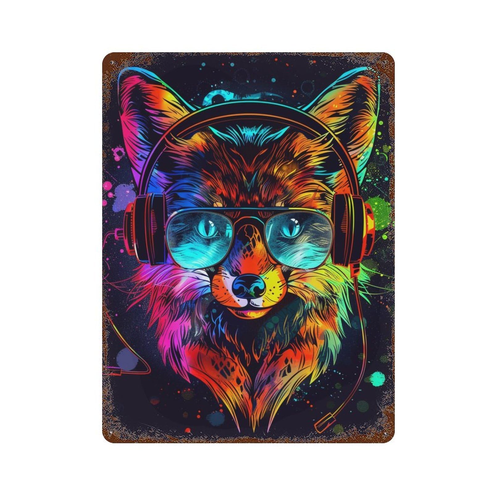 Colorful Fox Headphones Art Print 15.7"x11.8" Weathered Tin Sign, Rustic Home Decor for Living Room, Hallway And Home Decor