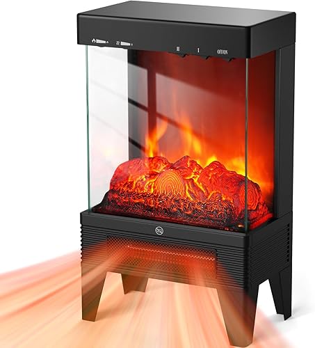 Estufa de chimenea eléctrica, calentador de chimenea independiente de 1500 W con vista de 3 lados, llama realista, brillo ajustable y modo de