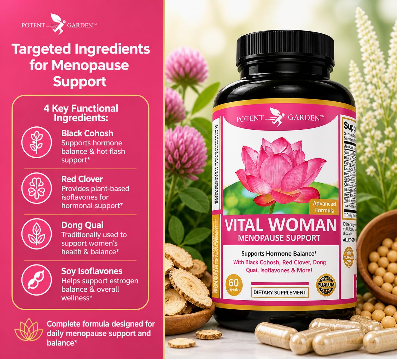 Potent Garden Menopause Support for Women with Black Cohosh, Soy Isoflavones, Red Clover & Dong Quai | Hot Flash & Night Sweat Support | 60 Capsules, 30 Day Supply — Amazon image 6