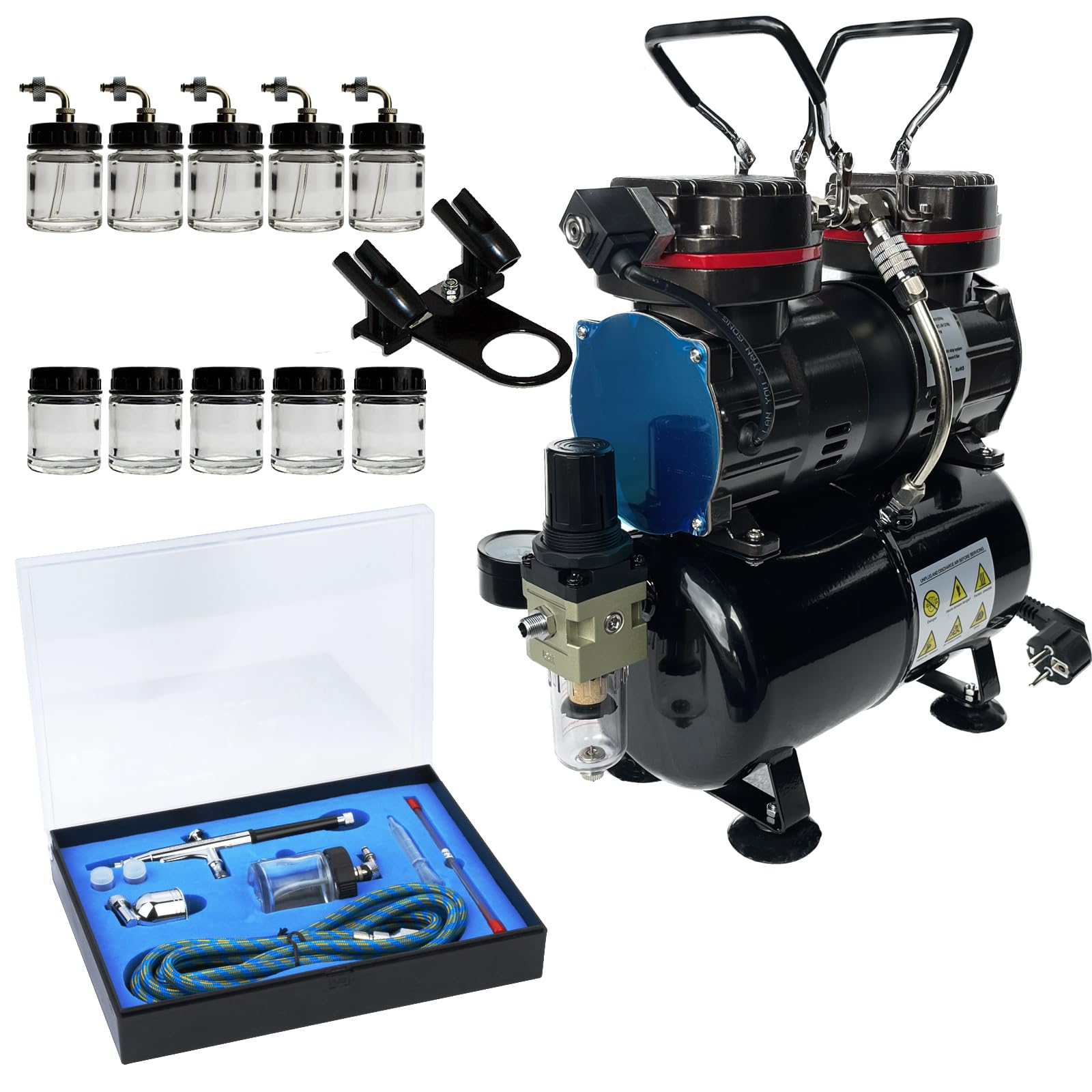 Airbrush-Set mit 4-bar Kompressor – Airbrush- & Lackierpistolen, Komplett-Set für Tattoo, Kunst, Malerei | Nadeln & Düsen | Dual-Set mit Manometer & Luftfilter