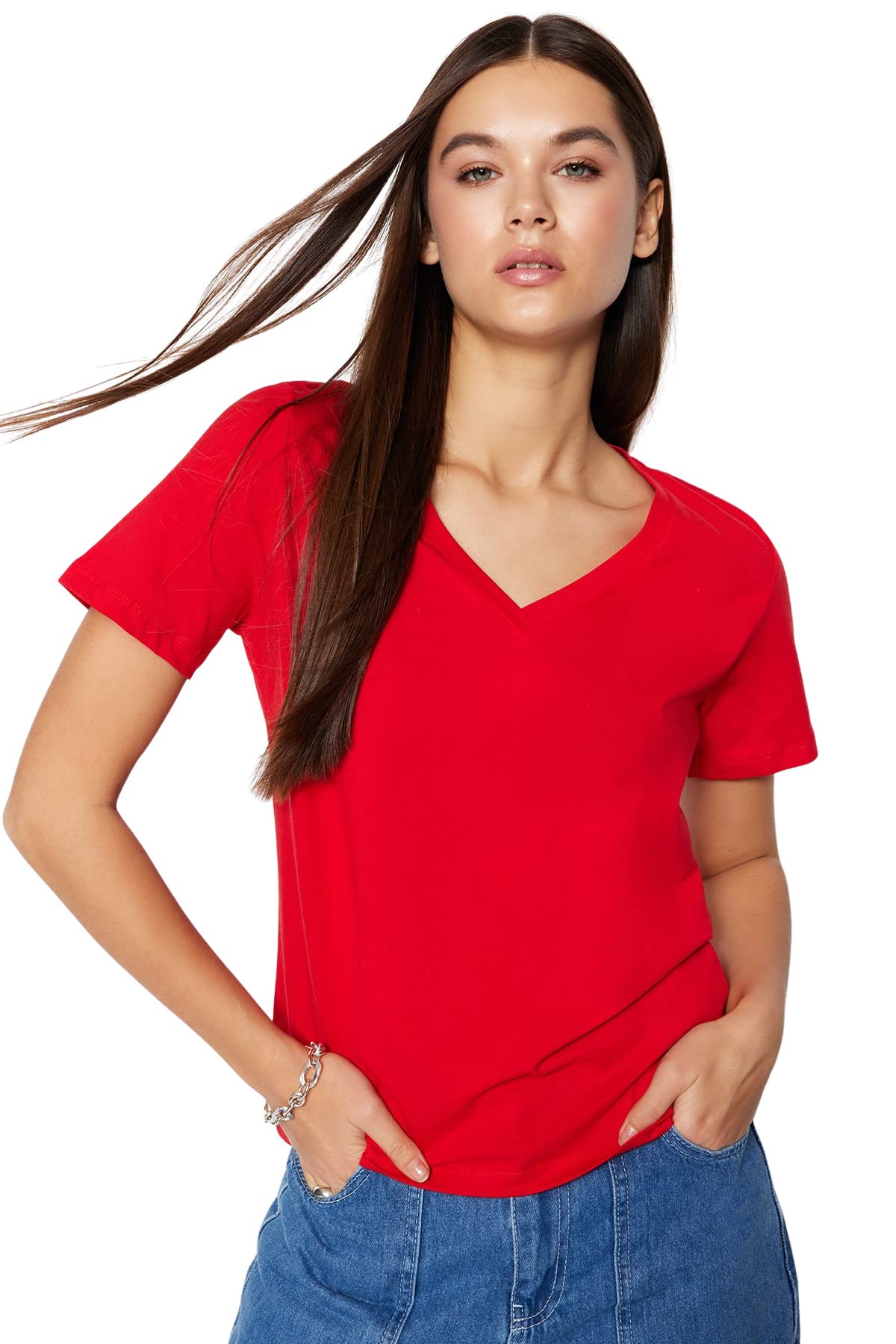 Trendyol Woman Basics Regular fit Basic V Neck Knit T-Shirt,Red,S