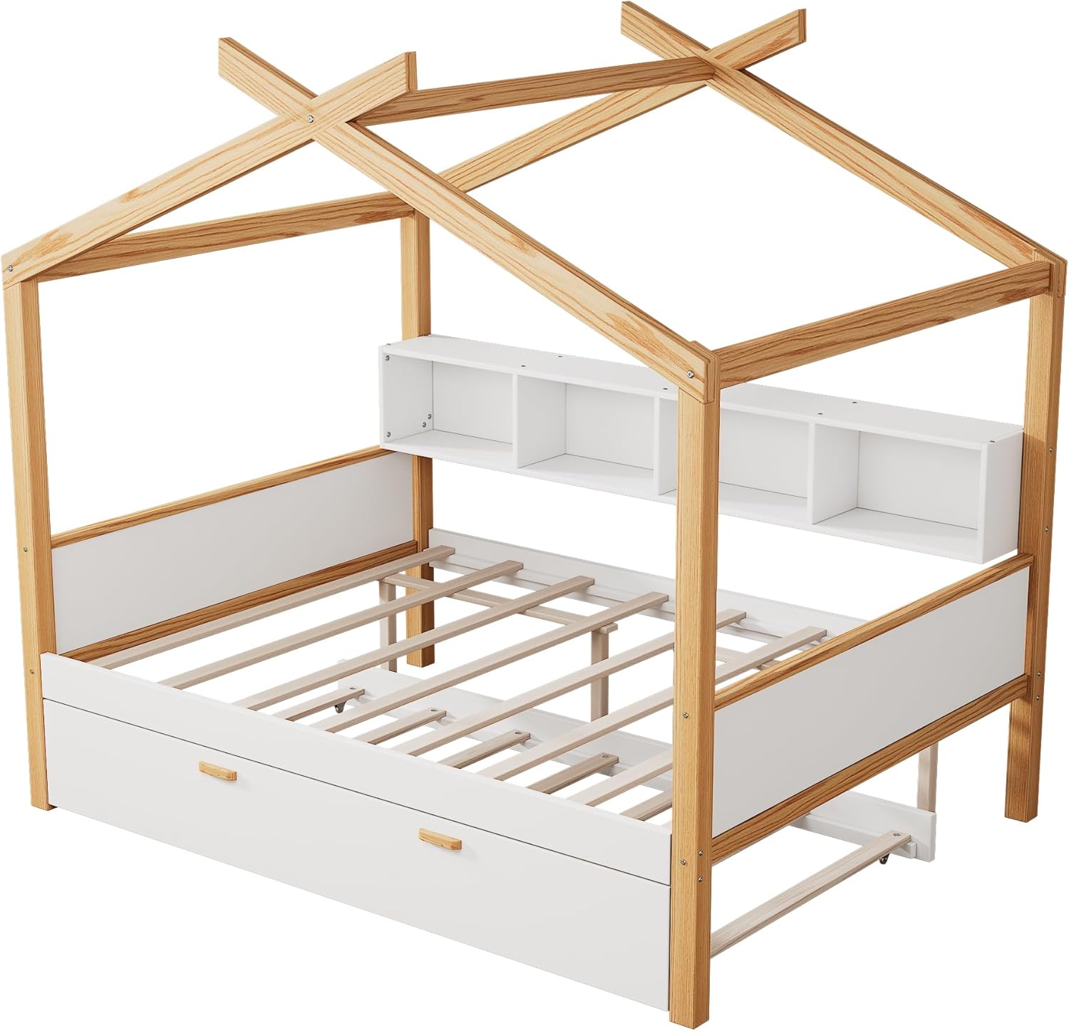 Bellemave Full Size Wooden House Bed with Original Wood Colored Wood Frame, Twin Trundle & Bookshelf Storage for Children, Teens or Guest Room,White + Natural