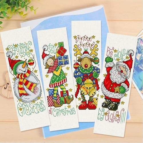 4 Pack Christmas Deer,Santa Claus Counted Cross Stitch Bookmarks Kits Two Side Bookmarks Cross Stitch Kit Counted 18Ct Plastic Fabric Canva Needlework Embroidery Craft Kit Blank Pattern Kit 18X6Cm #TOP24