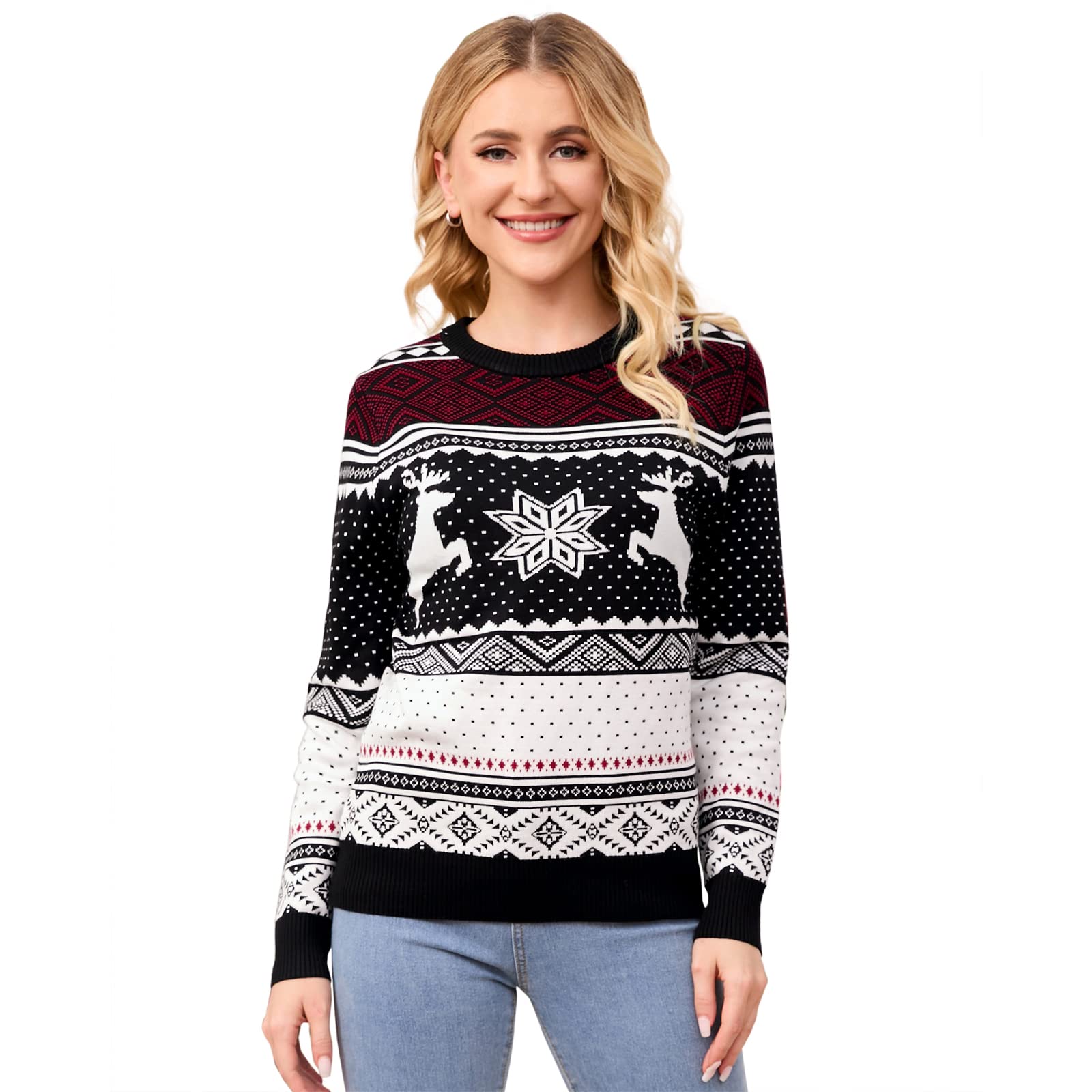 MISSKY Family Christmas Sweater Crew Neck Reindeer Snowflakes Knitted Pullover for Women Men Kids
