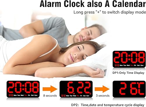 Miniatura 4 de Triangle Plum Reloj de pared digital grande, 9.5 pulgadas, despertador LED con dígitos grandes, DST, alarma doble, brillo de 3 niveles para sala de