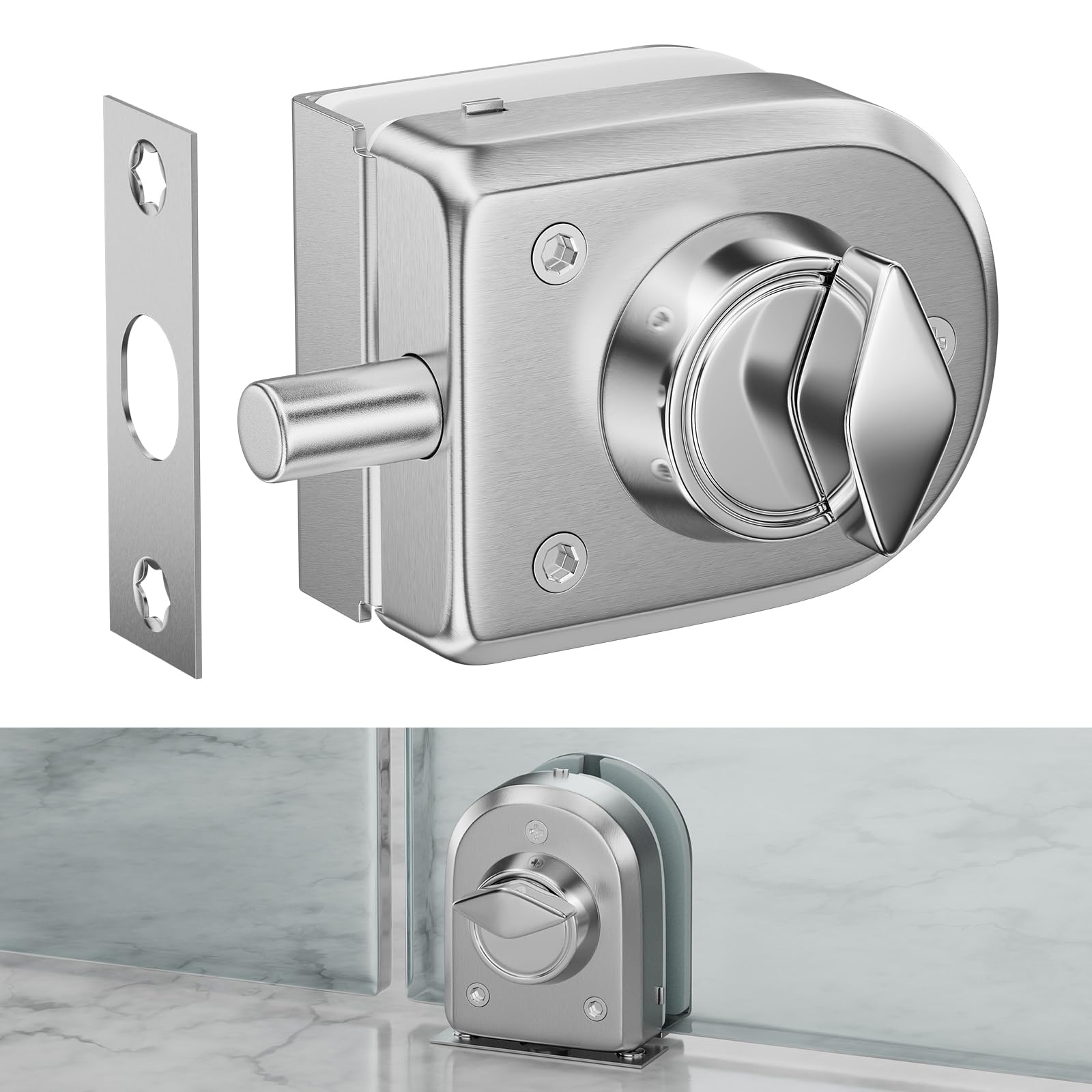 Ranbo Brushed Nickel Frameless Swinging Door Floor Bolt Lock, No-Drill, 304 Stainless Steel, For 3/8''-1/2''(10Mm-12Mm) Sliding Glass Doors, Office, Commercial Doors, Brushed.