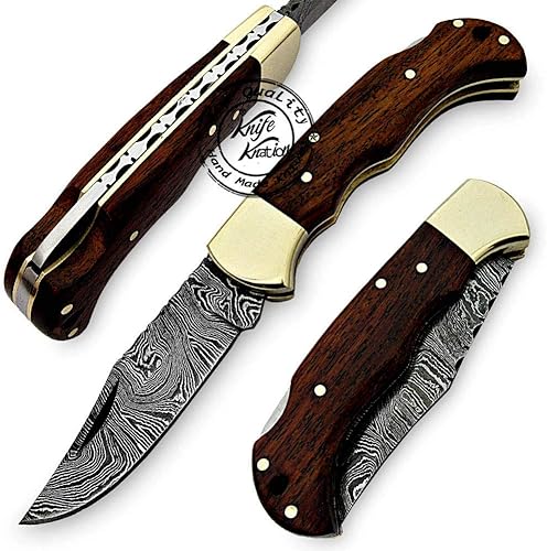 Cuchillo de bolsillo de damasco hecho a mano de madera de rosa, plegable, cuchillo de caza, cuchillos plegables para hombres con mango de madera