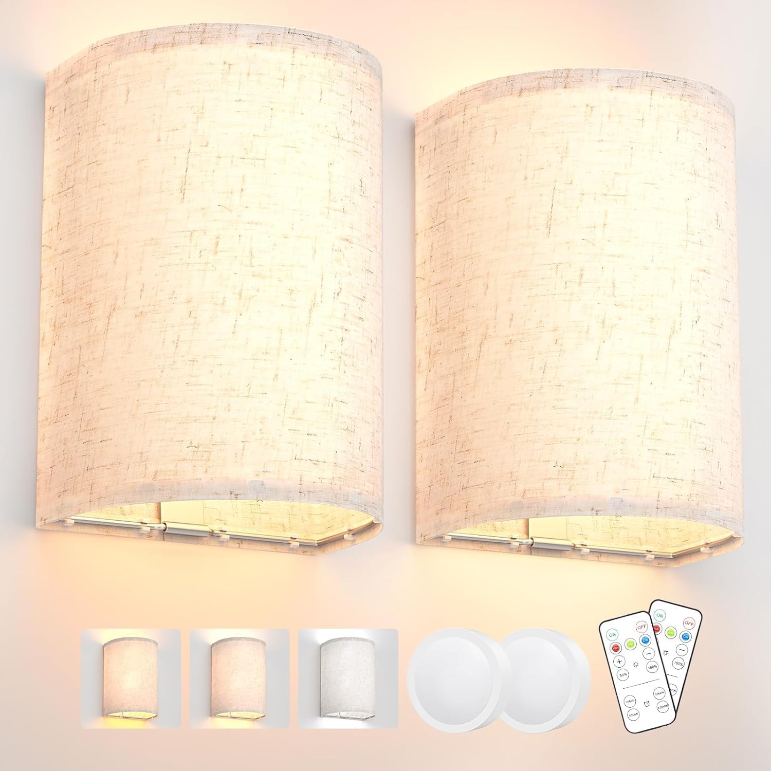 Battery Operated Wall Sconces Set of Two, Wall Lamp with Remote, 3 Colors Dimmable Fabric Wireless Sconces Wall Decor Set of 2 with Timer for Bedroom Living Room