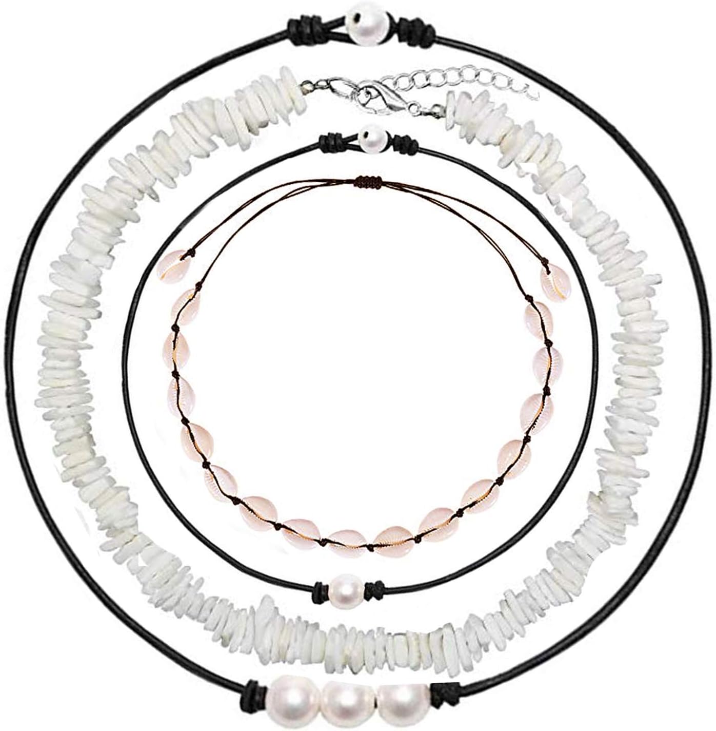 Flaming Phenix Natural Puka Shells Necklace Handmade Hawaii Wakiki Beach for Women Girls and Men Gift(4 Pack Black)