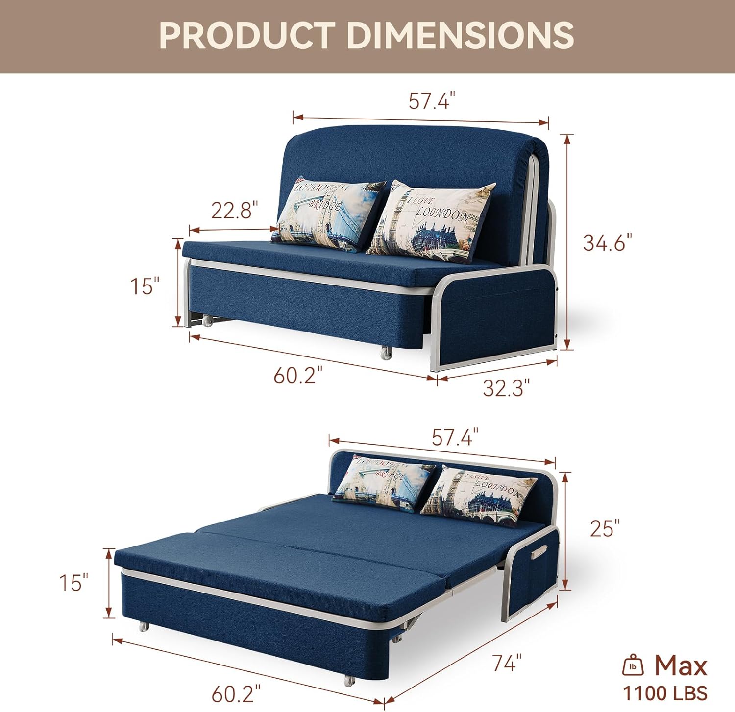 60" Full Size Loveseat Couch Bed 3 in 1 Convertible Pull Out Sleeper Sofa Bed with Storage, Trundle and 2 Pillows for Living Room, Bedroom, Dorm, Office, RV (Midnight Navy-909)