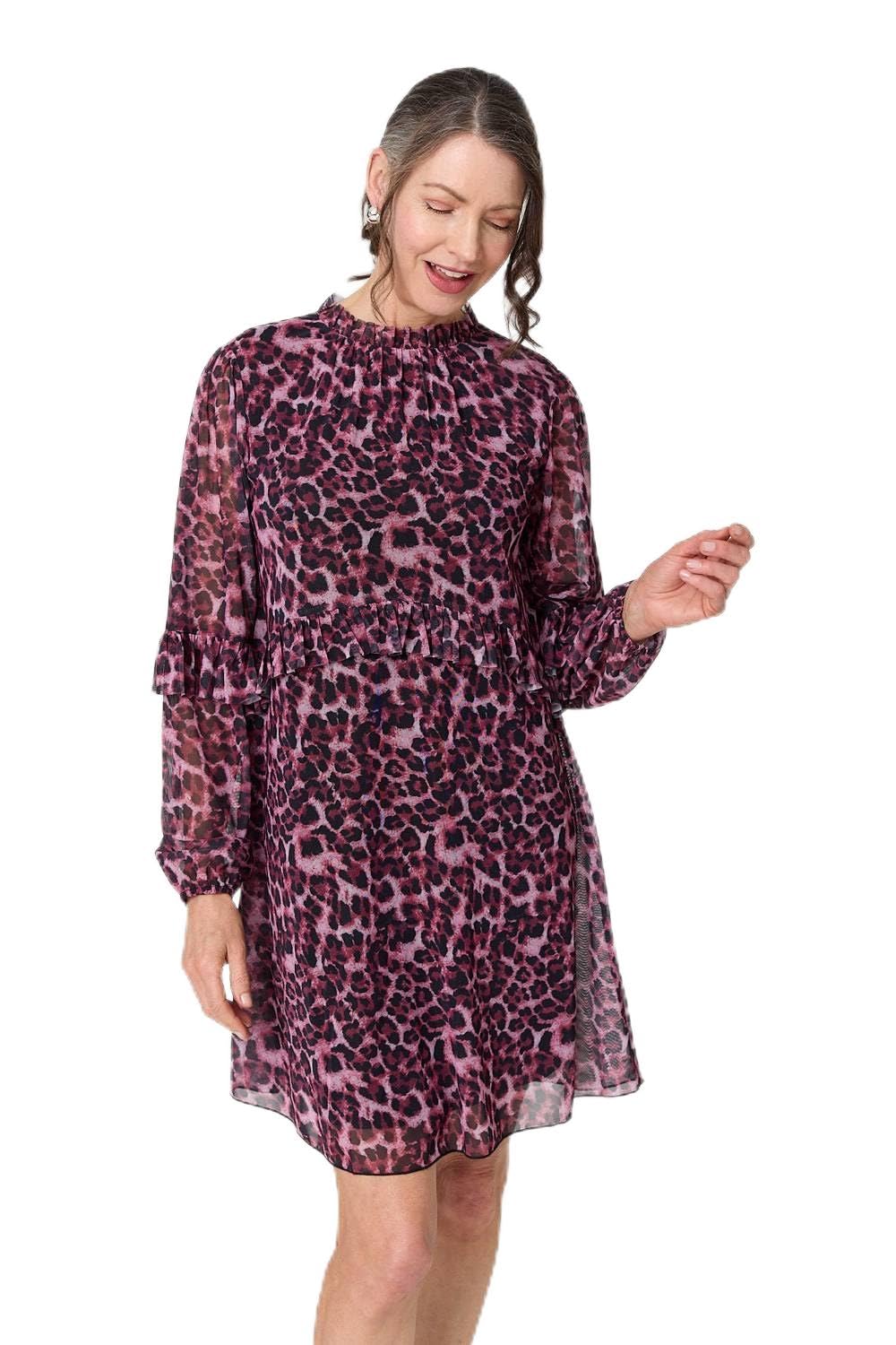 Izabel London Women's Purple Animal Print Semi Sheer Short Dress In | Size: 16