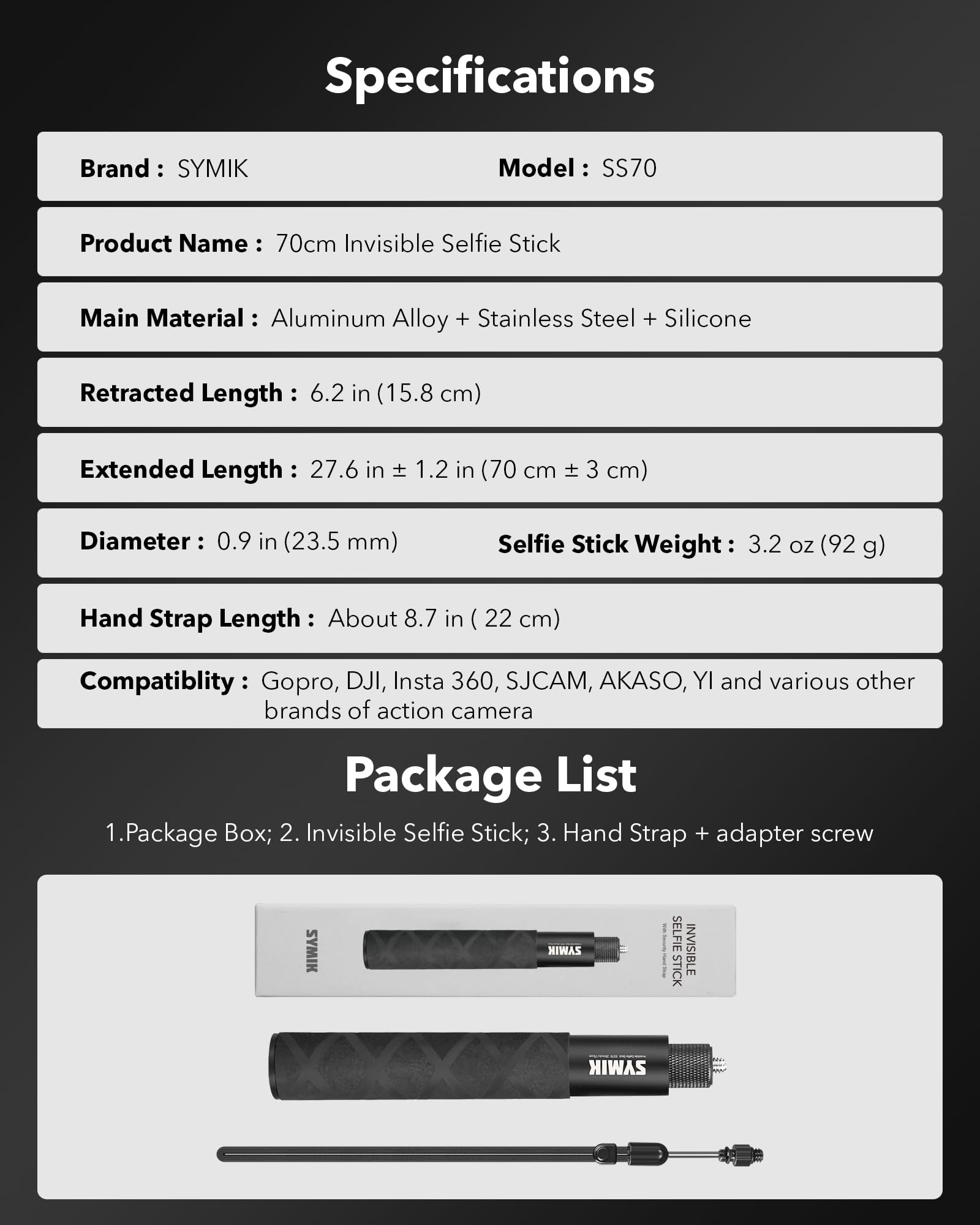 SYMIK Unsichtbarer Selfie-Stick für Insta360 (70 cm / 27,6 Zoll), Verlängerungsstab aus Aluminiumlegierung, tragbare ausziehbare Einbeinstativstange für Insta 360 X5 X4 Air X3 ONE X2 für DJI Osmo 360