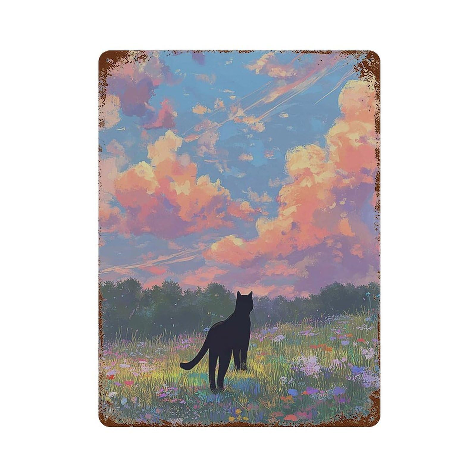 xiaoxiaoshen Black Cat Wildflower Field Whimsical Painting Dreamy Sunset Sky Nursery Lover Wall Decor Art Metal Tin Poster Modern Home Decor Art Home Bar Shop Decorations Vintage Sign 40x30cm