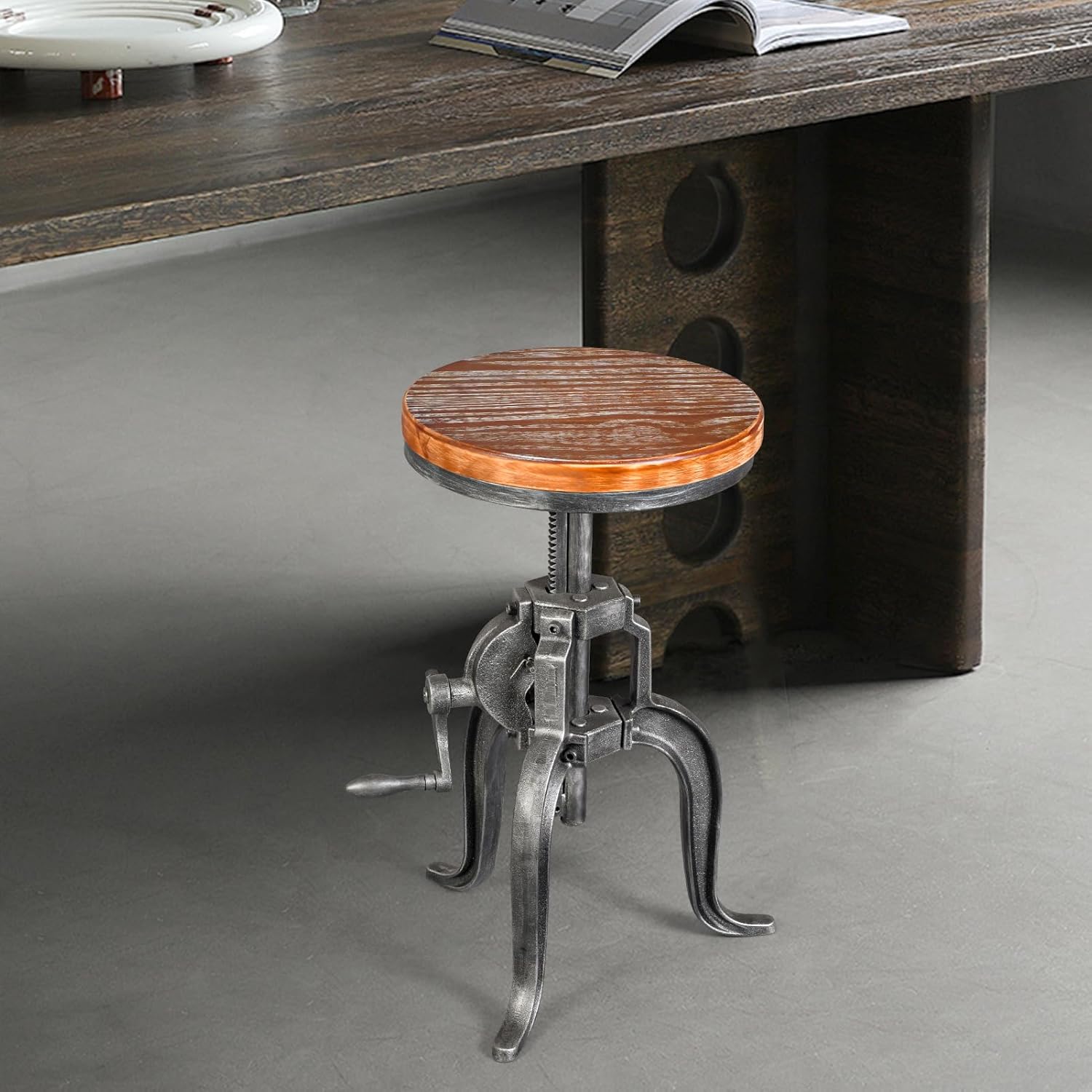 LOKKHAN American Antique Steampunk Deco Vintage Industrial Bar Cafe Stool, Retro Stylish 3-Leg Cast Iron Base Swivel Round Wood Top, Easily Adjusts by Crank Handle