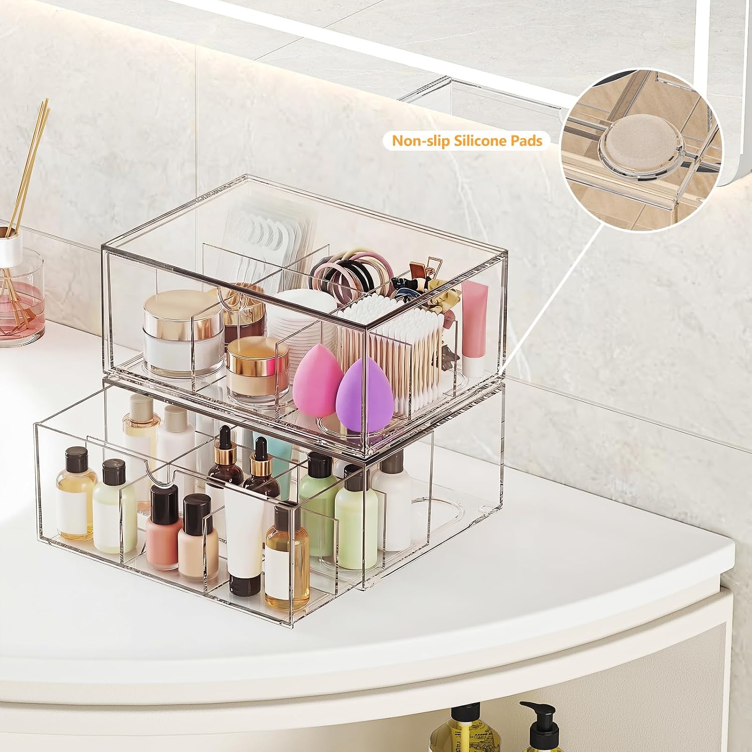 2Pc Tea Bag Drawer Organizer, Stackable Coffee and Tea Station Storage | Acrylic Tea Packet Holder with Dividers, 9 Grids Clear Storage Box for Kitchen Countertop, Pantry or Cabinet