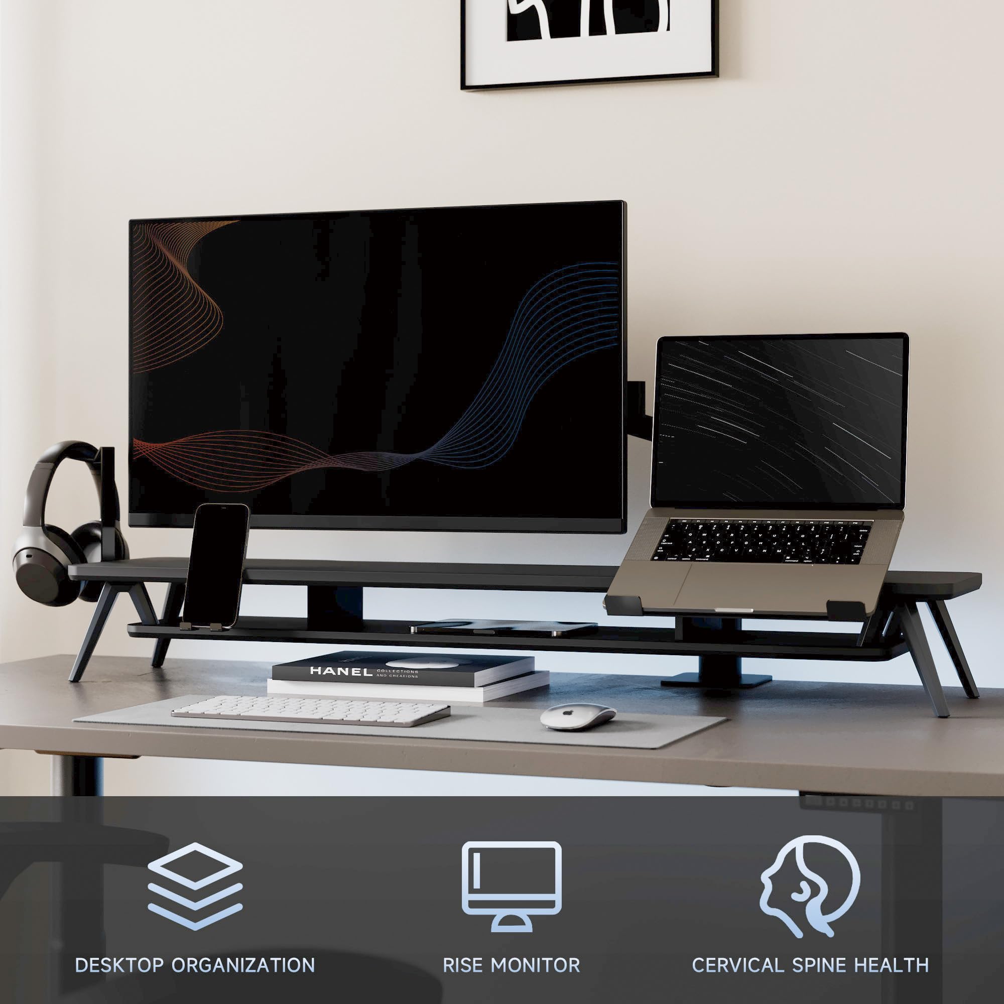 Fenge Supporto per Doppio Monitor con Supporto per Laptop/Telefono, Supporto per Computer a 2 Strati con Ampio Spazio di Archiviazione, 108x23,5x14,5cm Capacità di Carico 50KG (Nero)