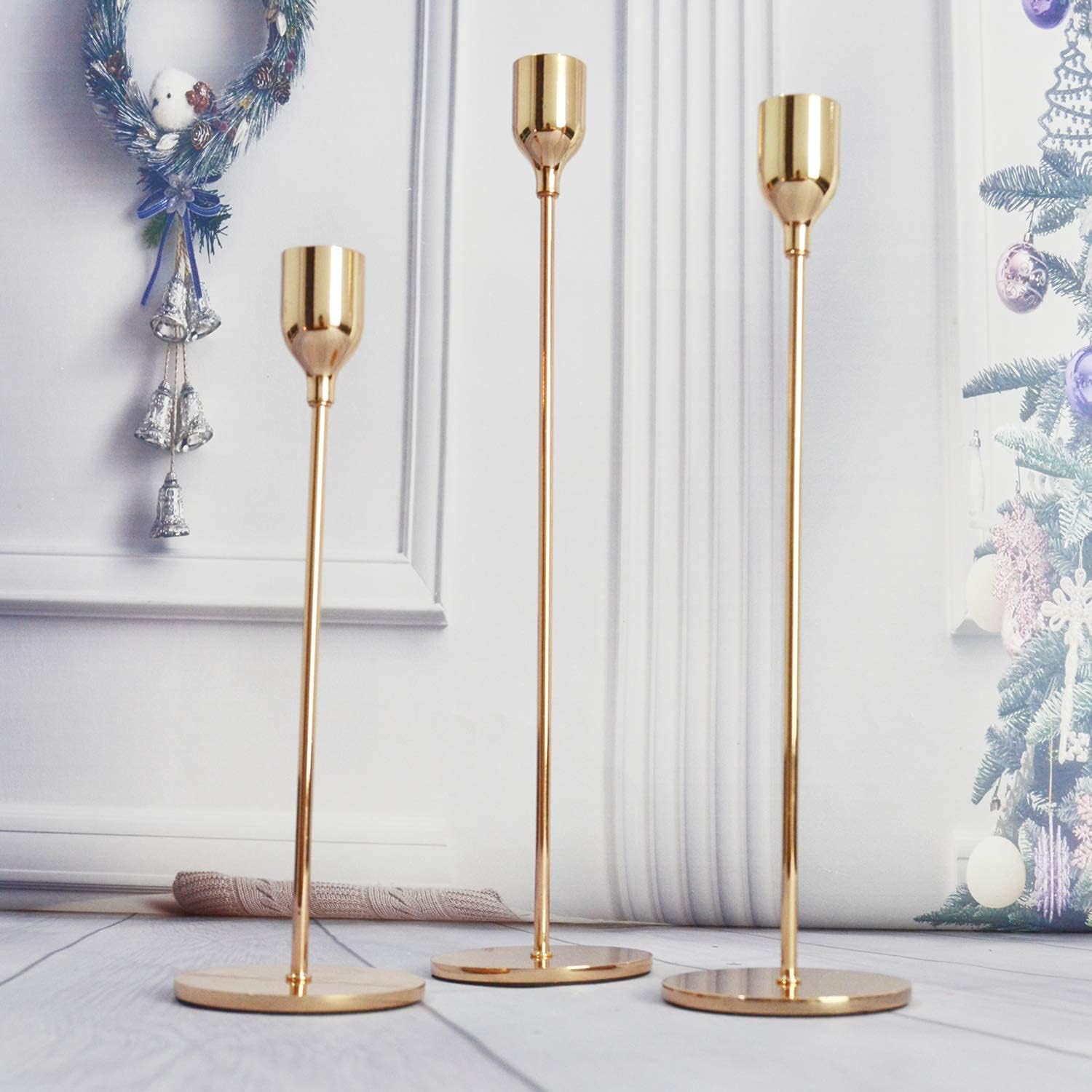 Gold Tall Candlestick Holder, Metal Taper Candle Holders for Fireplace Table Home Decor Wedding, Birthday, Ceremony and Anniversary Party, Gold - Set of 3 : Home & Kitchen