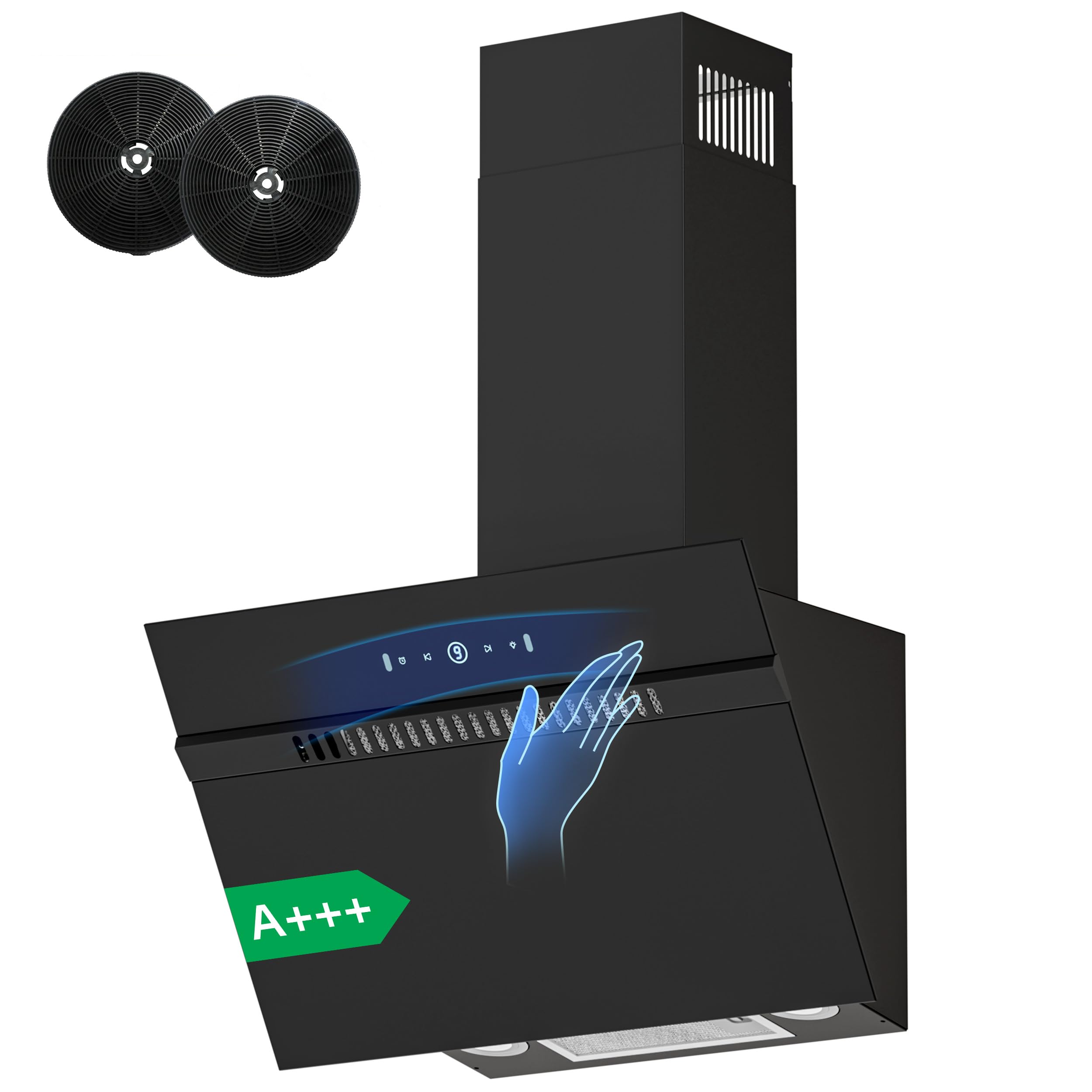 FIREGAS Campana Extractora Inclinada 60 cm para Cocina, Clase A+++, Motor sin Escobillas, 684 m³/h, Control Táctil y por Gestos, 9 Velocidades, Extracción o Recirculación, Bajo Consumo, Color Negro
