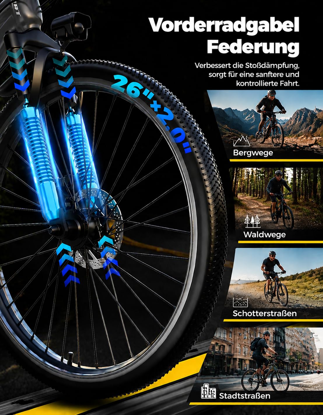 Bodywel A26 E-Bike Herren 26 Zoll 250W Motor 36V 13Ah Akku 50-70km(PAS) Reichweite, 4.5 inch intelligent LED Display mit App, Mechanische Scheibenbremse Stadt EBike