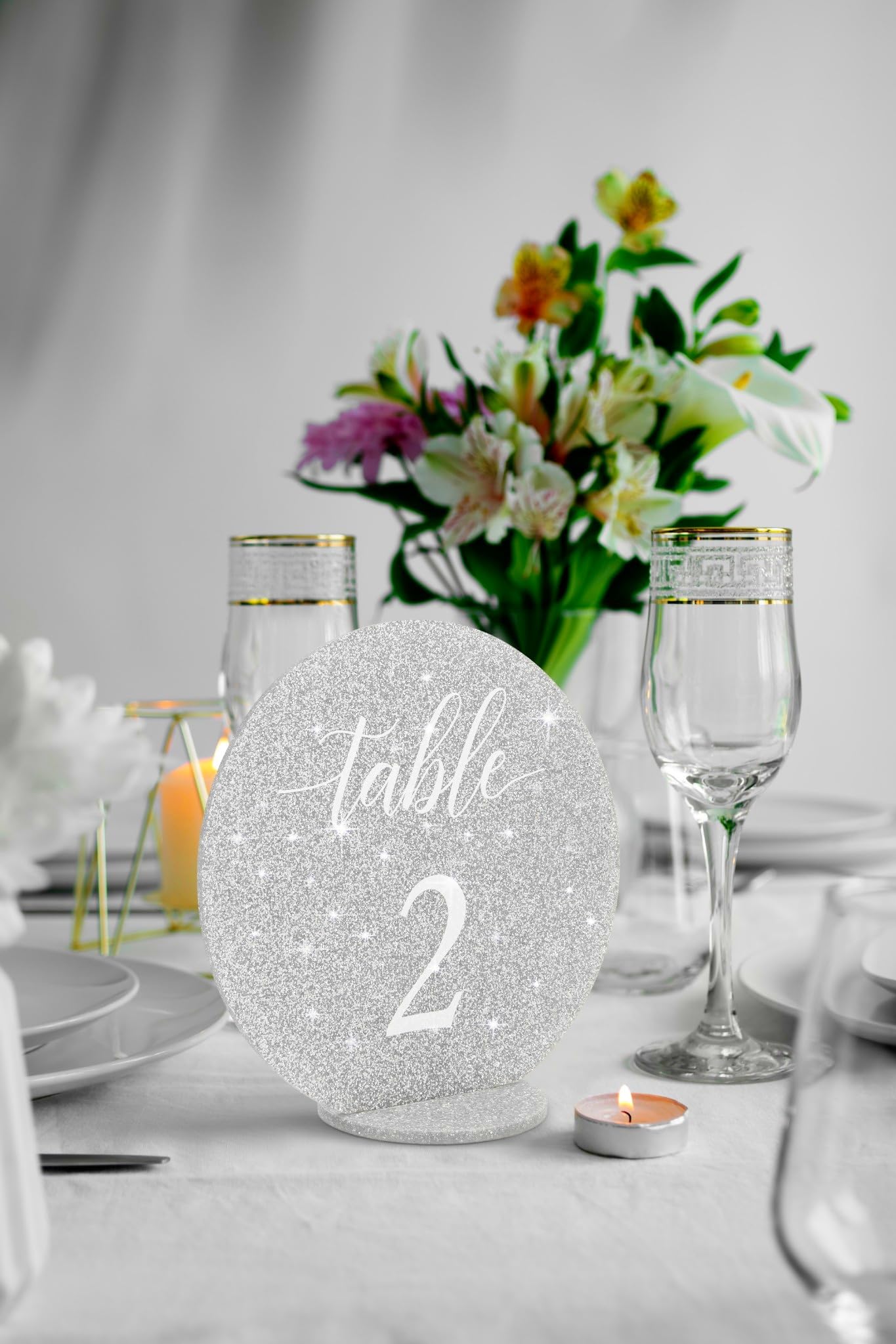 Starvrick Wedding Table Numbers 1-20, table numbers signs, with Self Standing Base 5.1 x 5 inches, Silver Glitter Table Numbers Sparkle with light, ideal for Wedding Receptions, Parties and Special Events